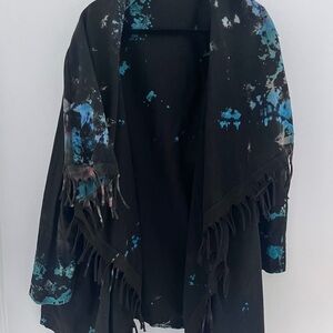 One of a kind oversize Black and Blue Tie-Dye Fringe open cardigan cotton